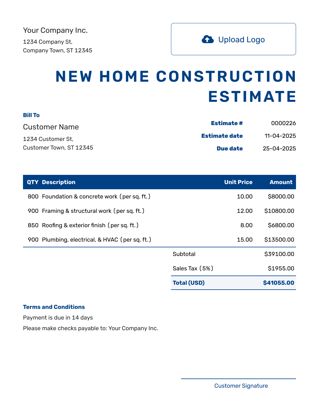 estimate template for construction
