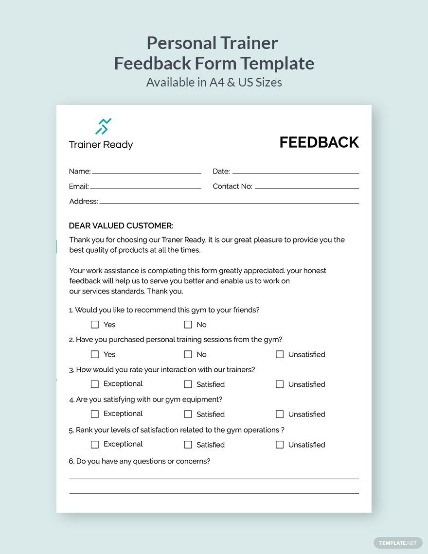Personal Trainer Feedback Form Template In InDesign Illustrator PSD Word Publisher Google Docs Download Template