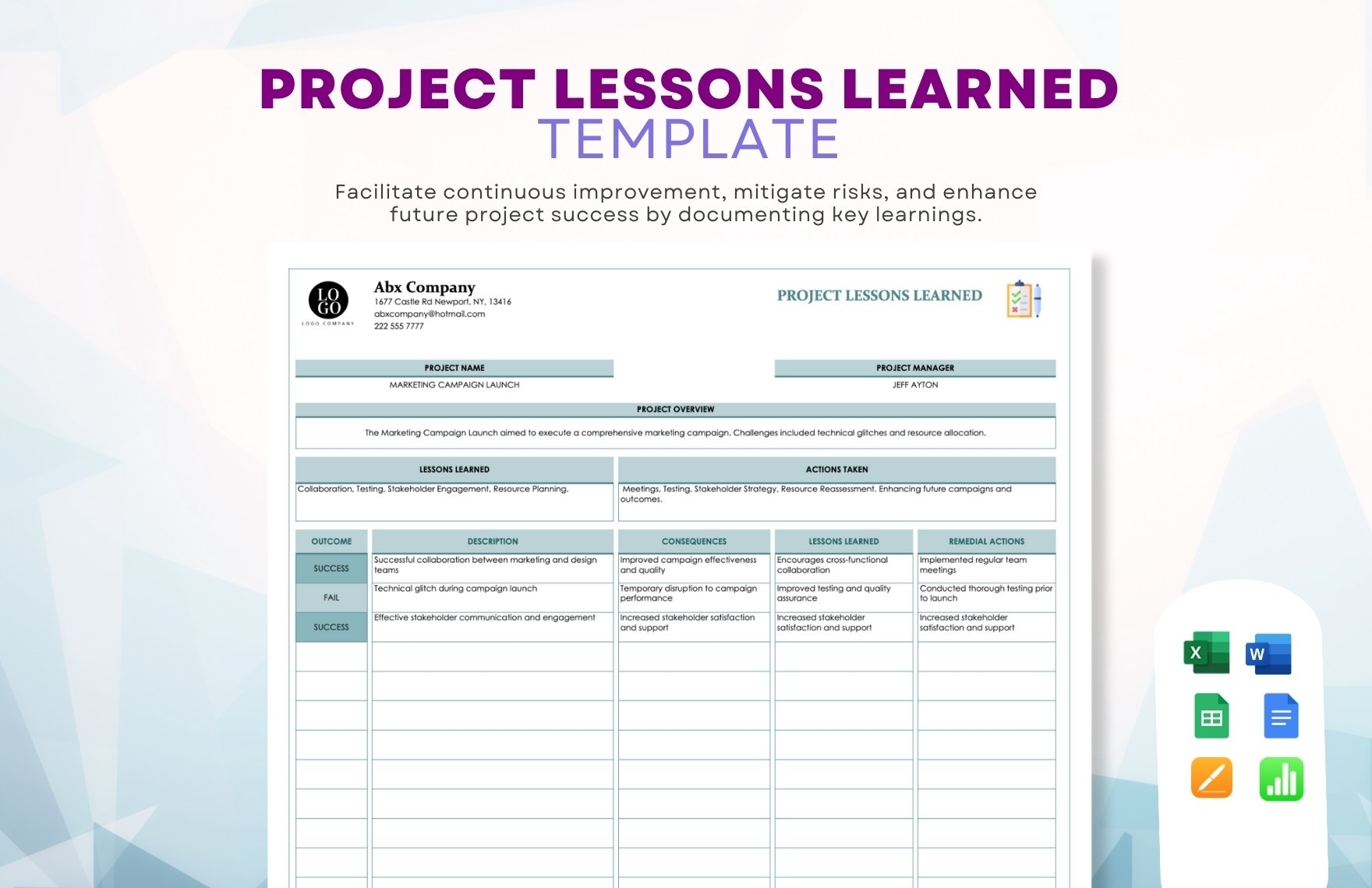 Project Lessons Learned Template In Google Sheets Excel Download Template