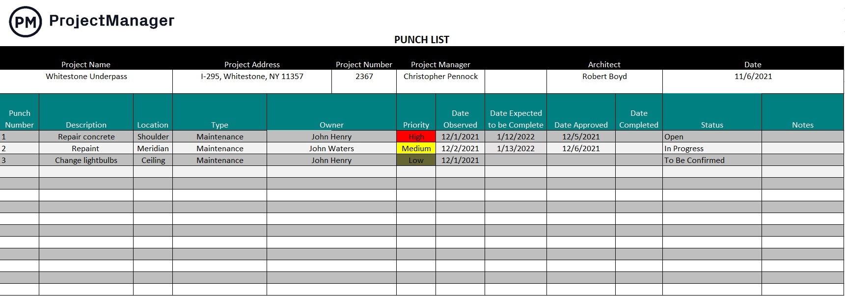 Punch List Template For Excel Free Download ProjectManager
