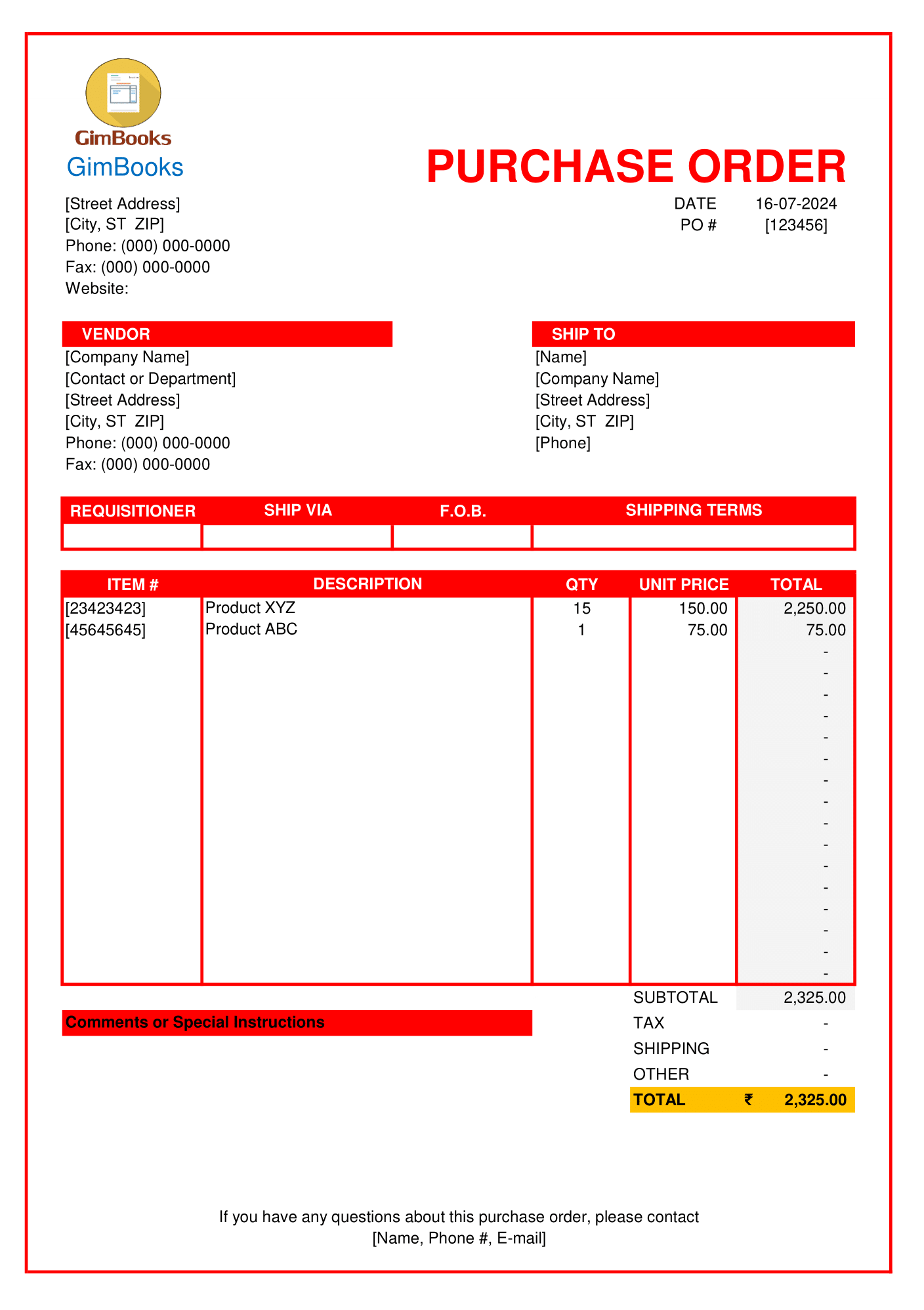 specimen of purchase order