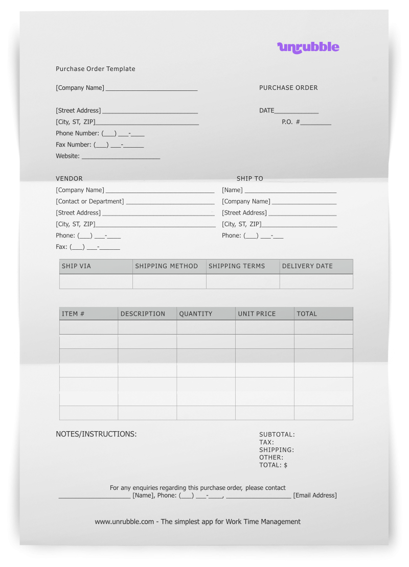 Purchase Order Template Free Download Unrubble Templates