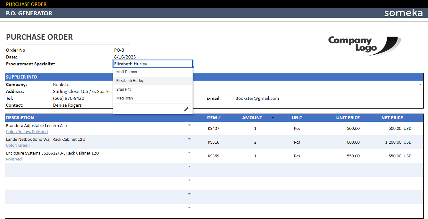 google sheets purchase order template
