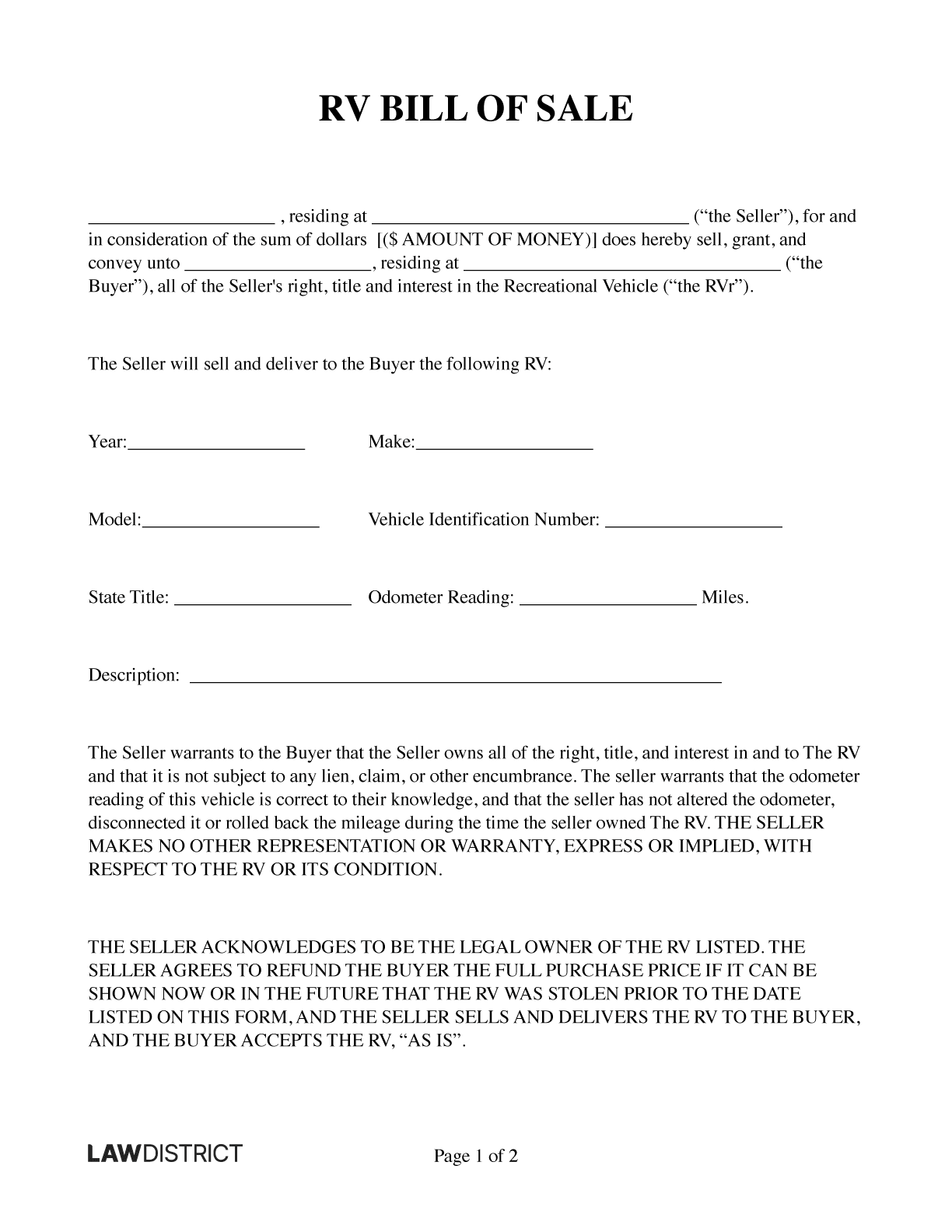 rv bill of sale