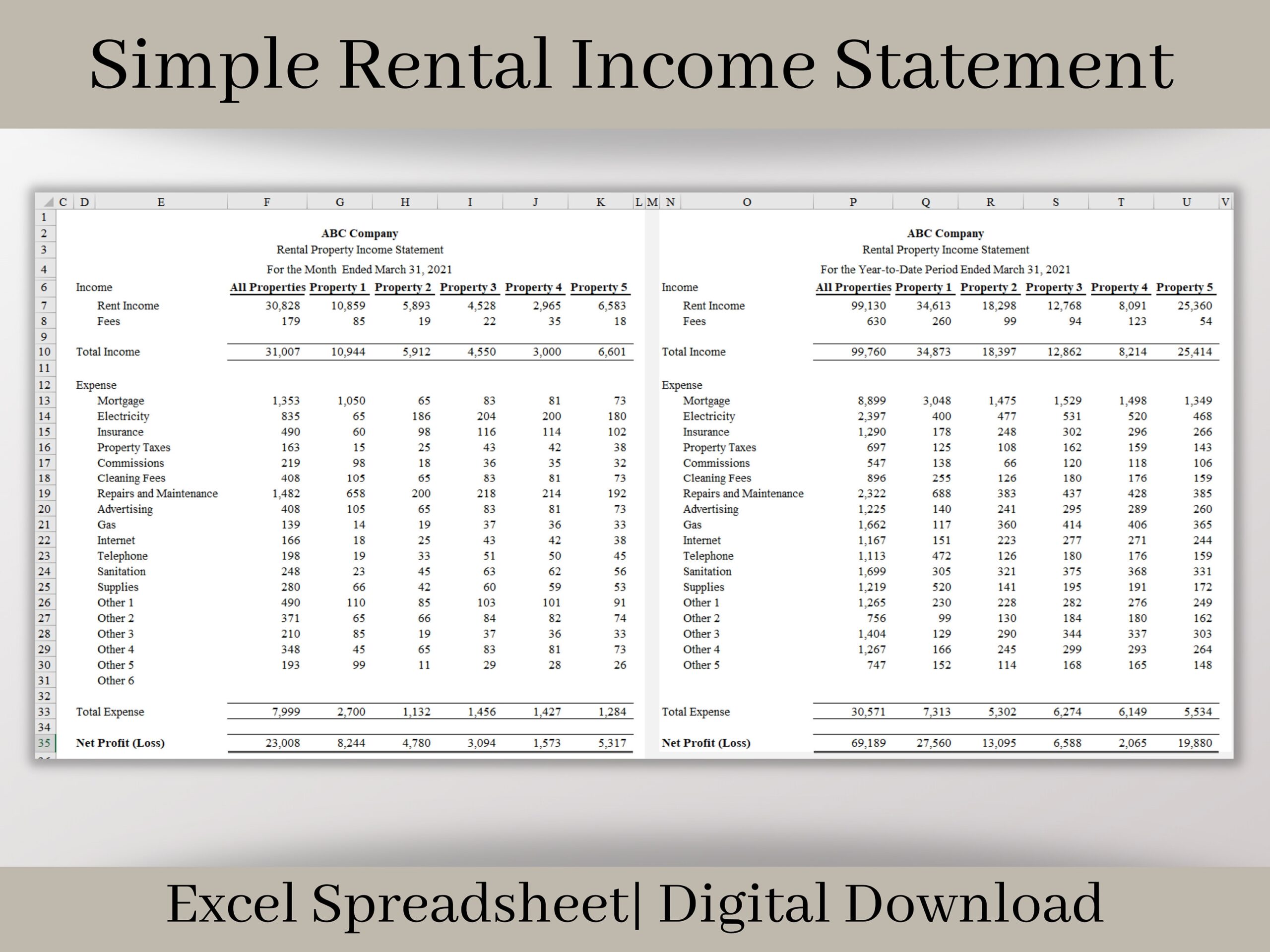 Rental Property Income Statement Excel Template Landlord Profit Loss digital Download Etsy