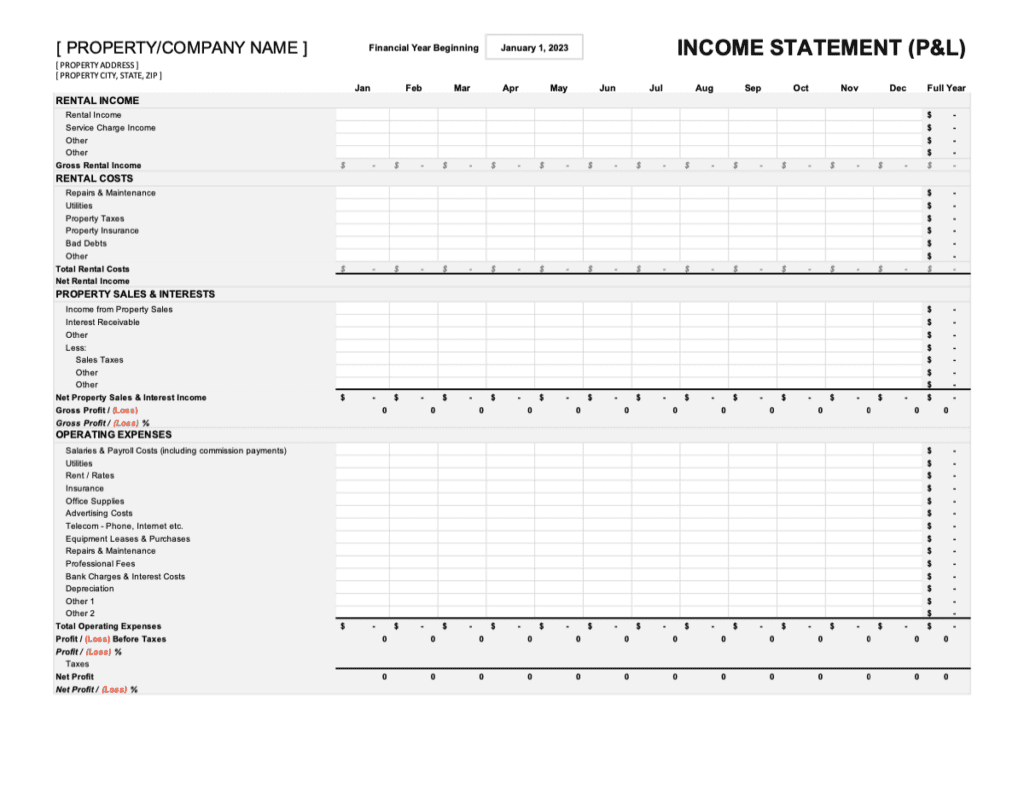 rental property income statement template