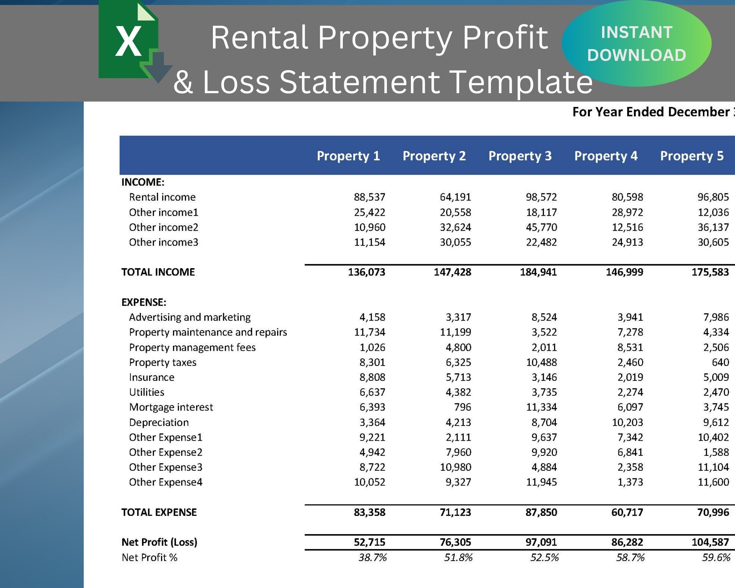Rental Property Profit And Loss Statement Template Excel Profit And Loss Template Rental Property Income Statement For Small Business Etsy Israel