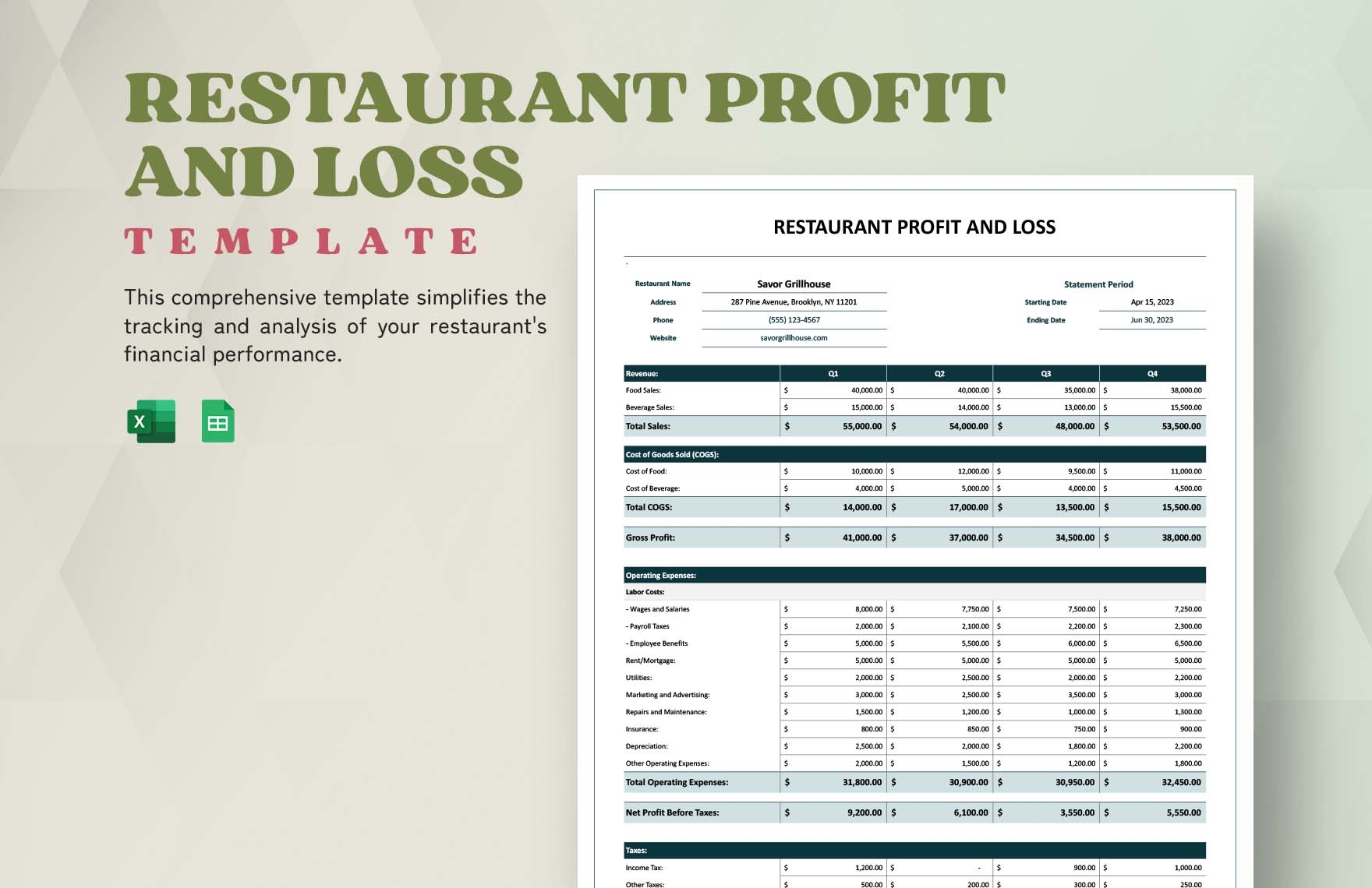 Restaurant Profit And Loss Template In PSD Excel Google Sheets Download Template