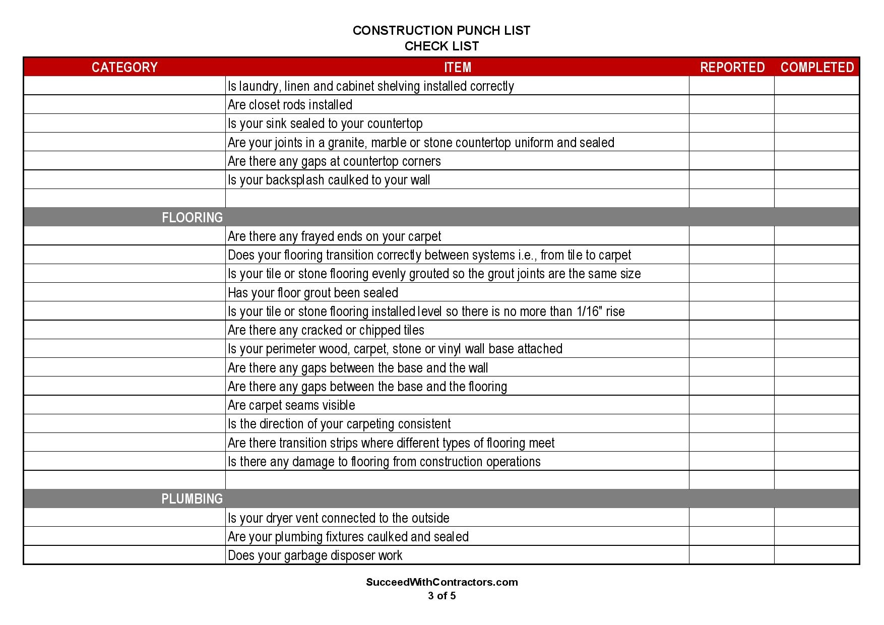 construction punch list template word