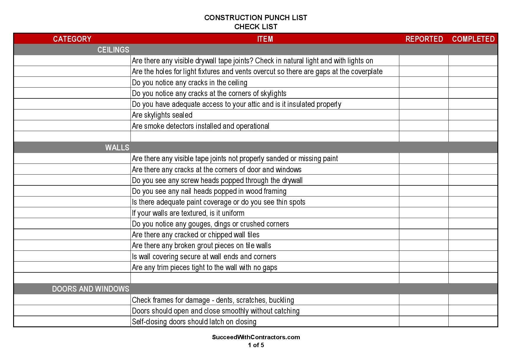 construction punch list template