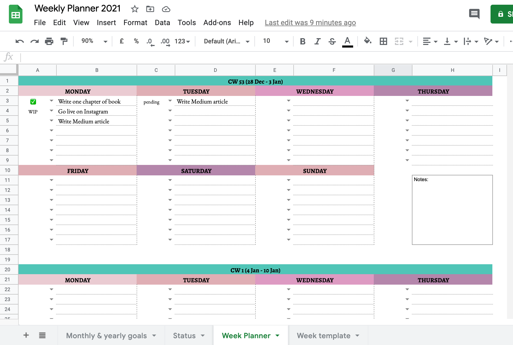 Simple Weekly Google Sheets Planner 2021 Free Template By Gracia Kleijnen Google Sheets Geeks Medium