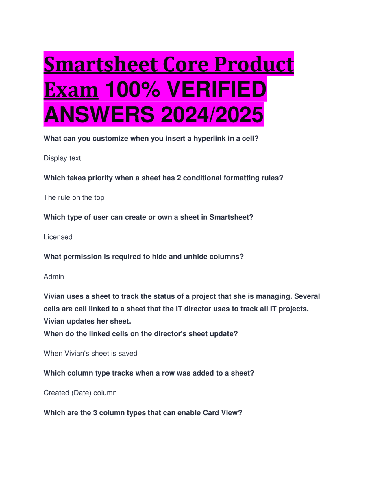 Smartsheet Core Product Exam 100 VERIFIED ANSWERS 2024 2025 Exams Business Administration Docsity