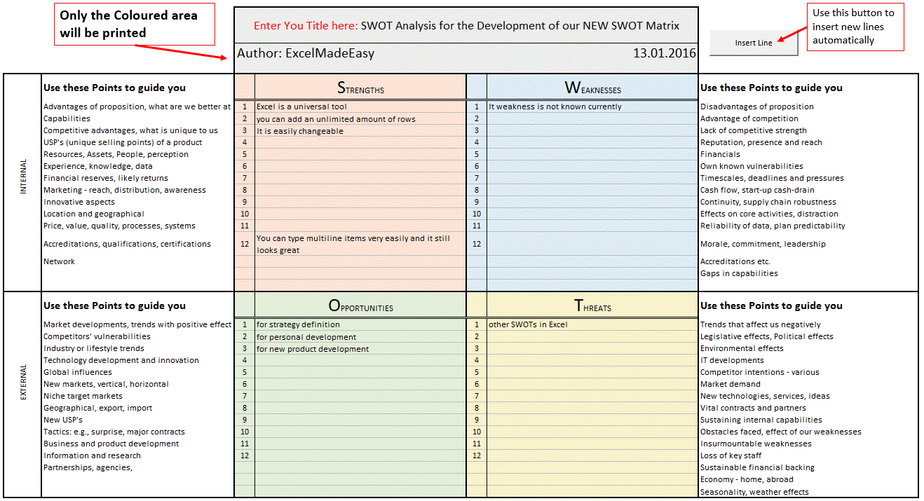 SWOT Matrix Template For Excel By Excel Made Easy