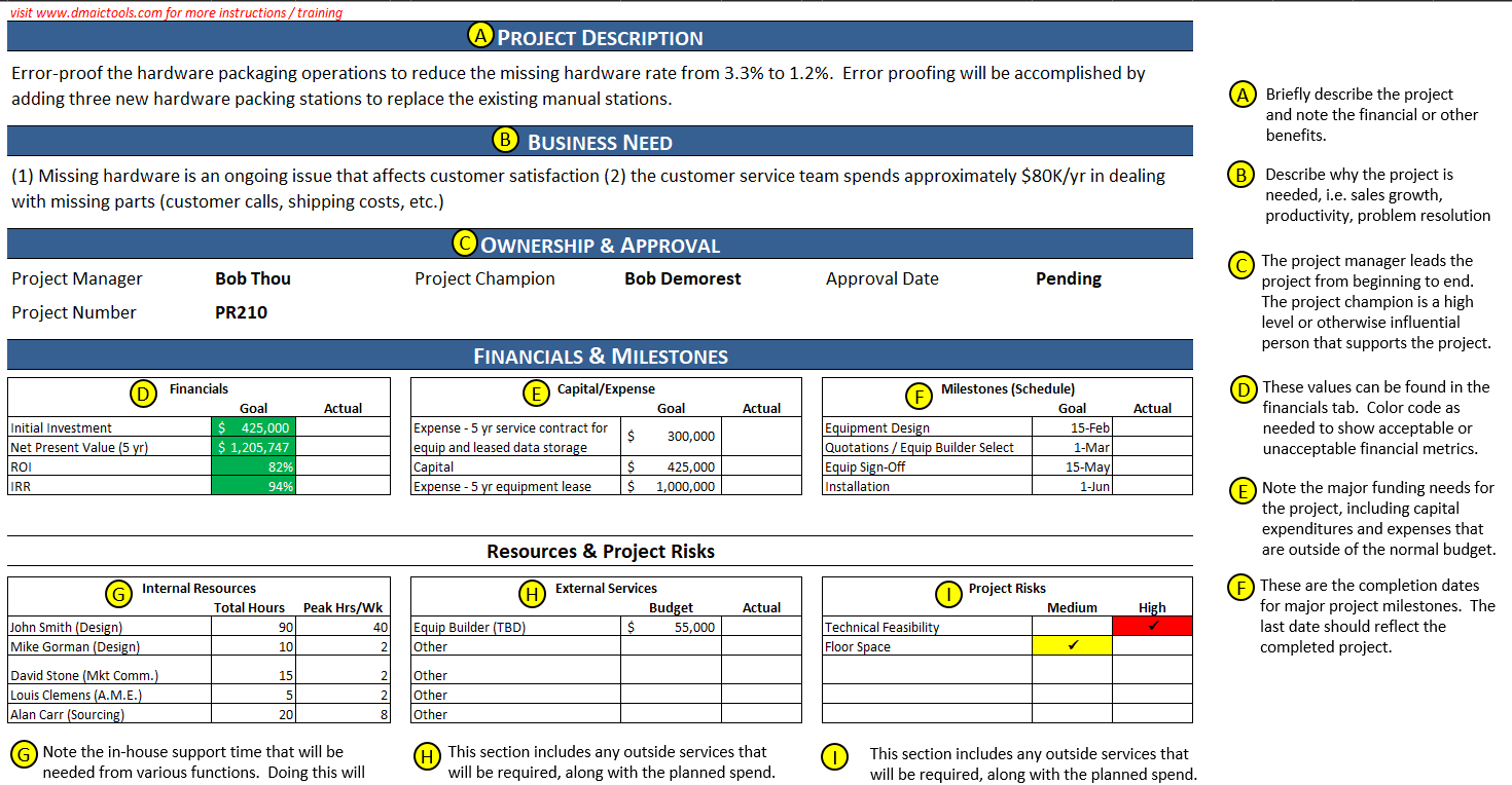 The Best Project Charter Excel Templates DMAICTools
