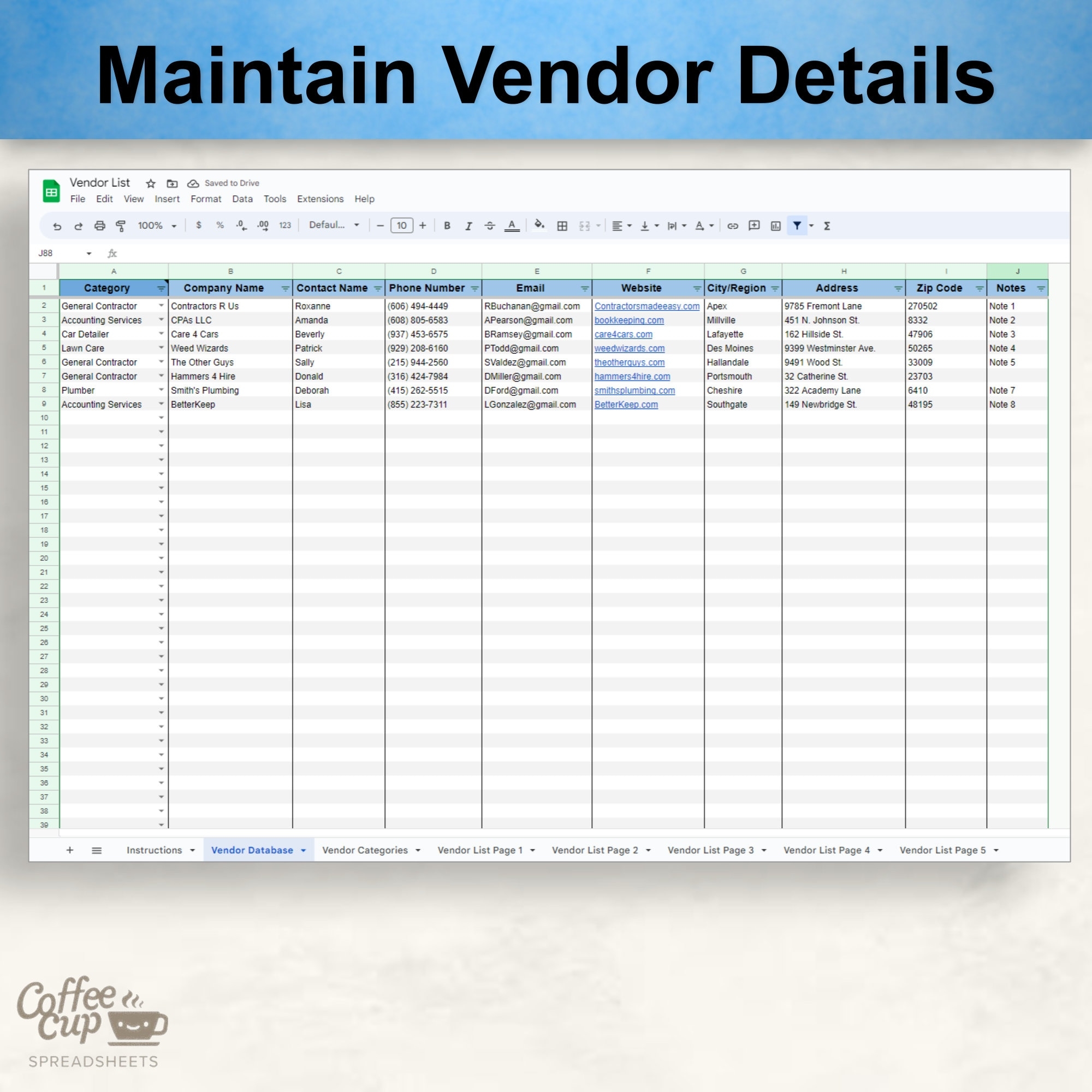 vendor list format excel