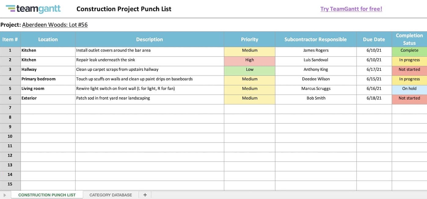 punch list template xls