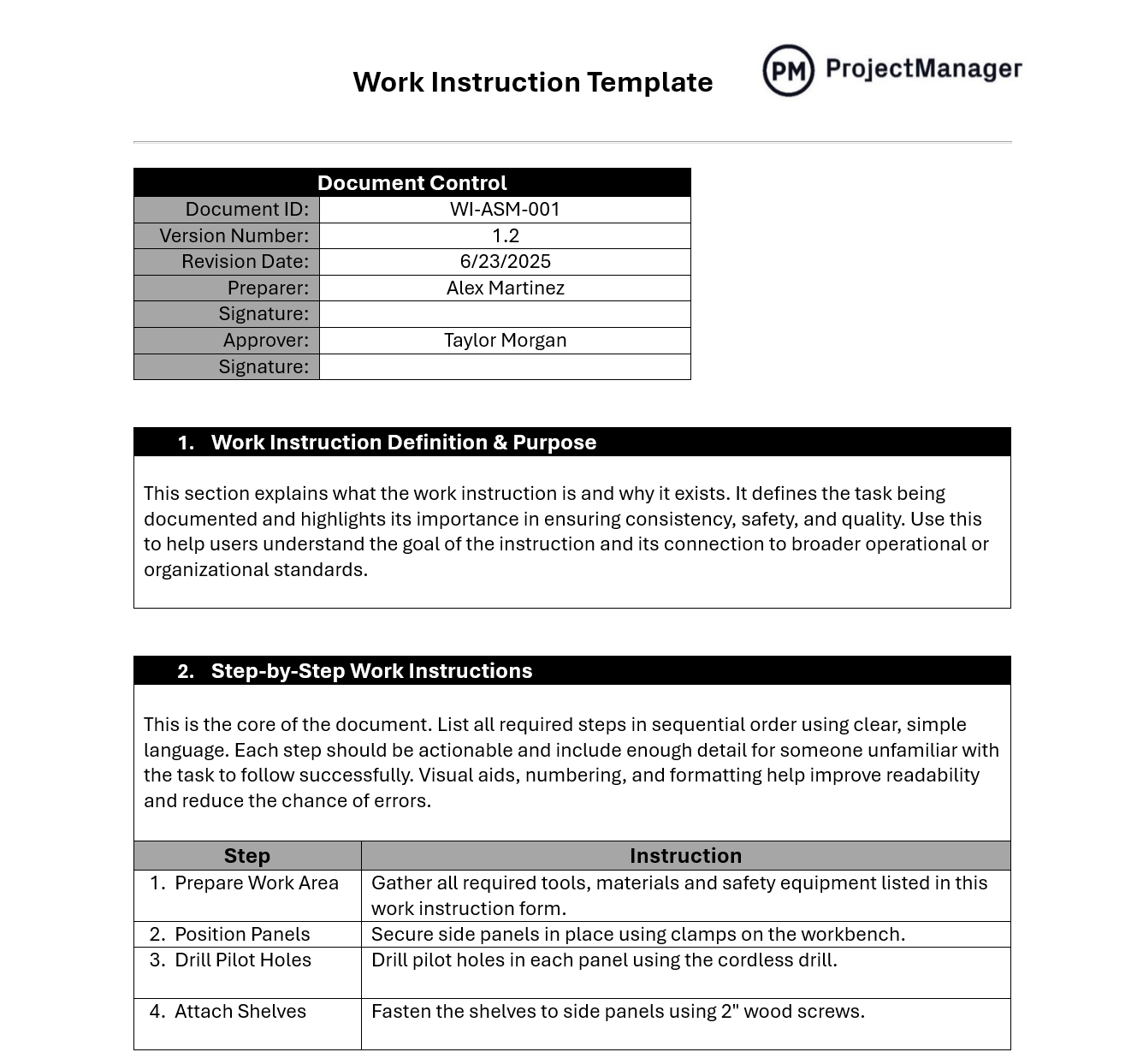 Work Instruction Template For Word Free Download 
