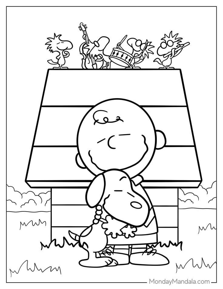 Kid coloring Charlie Brown page at station with map