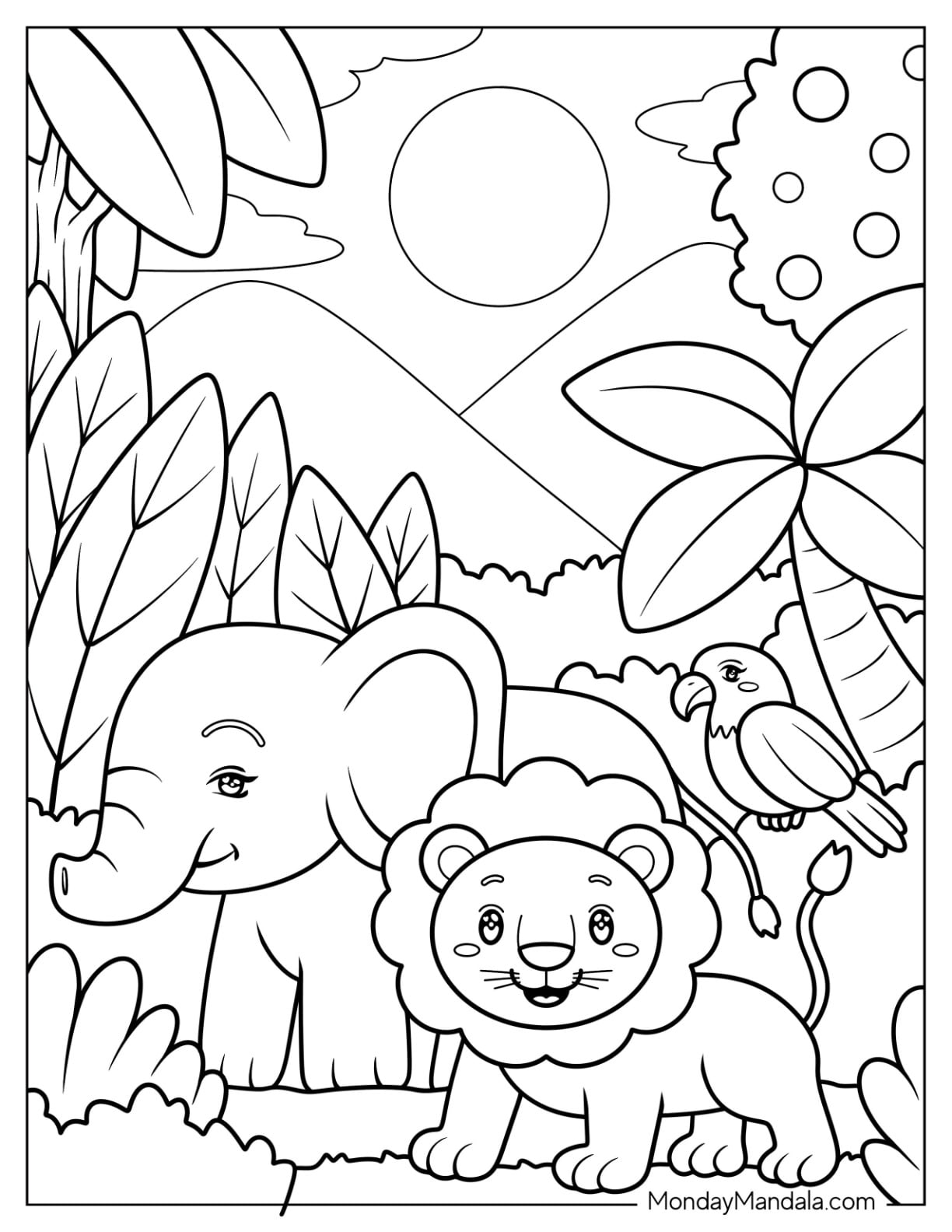 Coloring page featuring a lion and monkey in a jungle scene