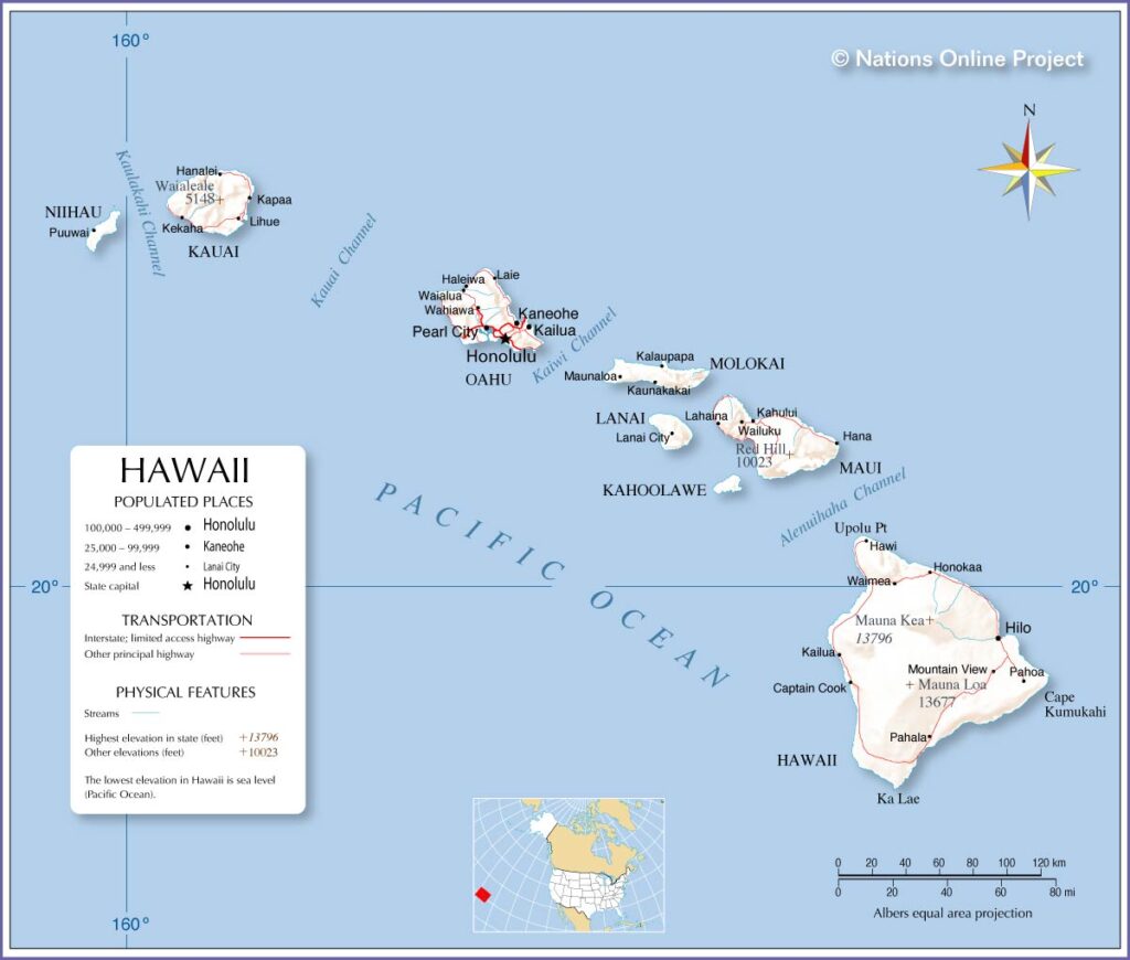 Silhouettes of multiple Hawaii islands on a map