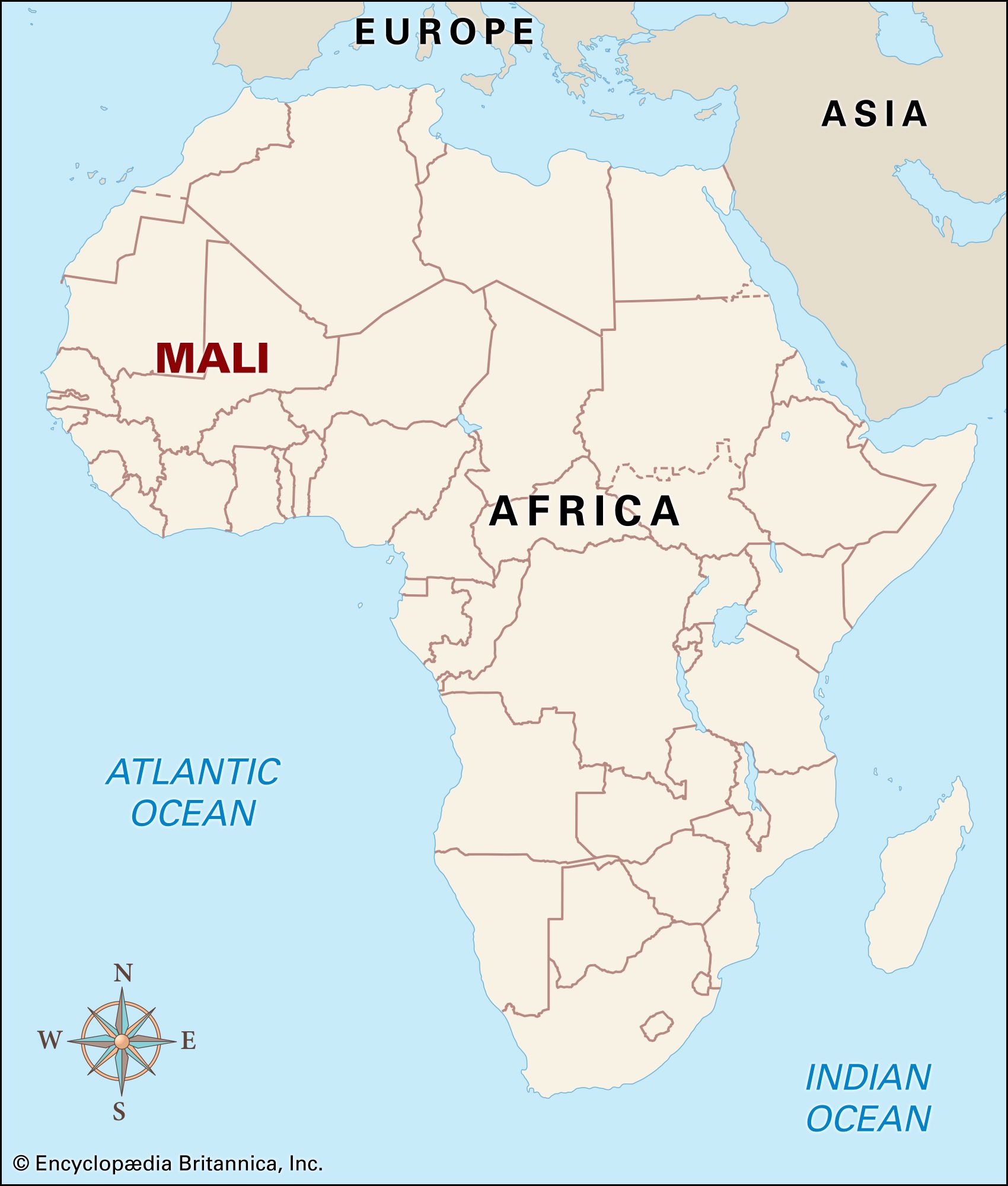 Mali map of Africa with borders highlighted