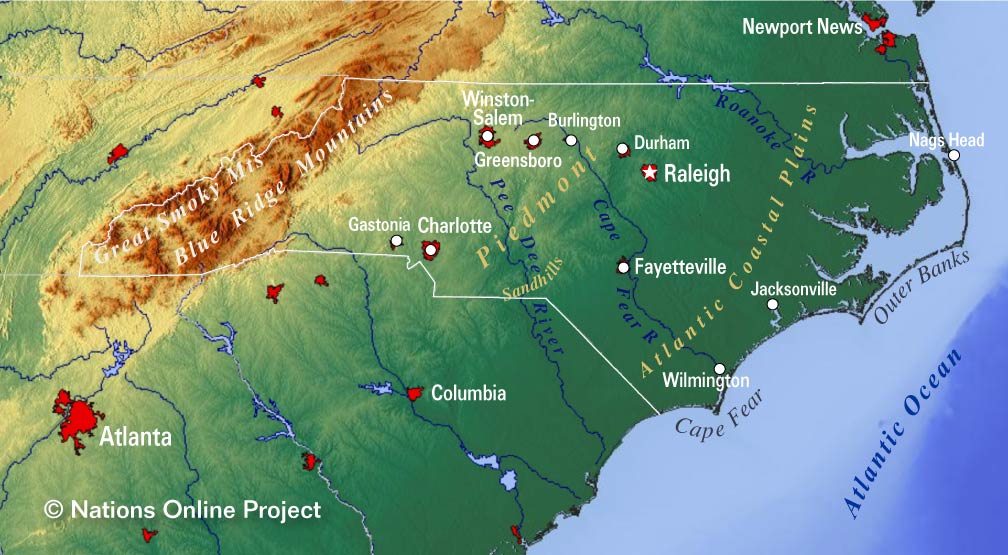 North Carolina map labeled with counties and cities