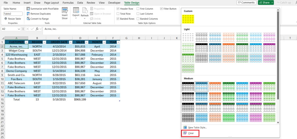Excel table with header row and filters