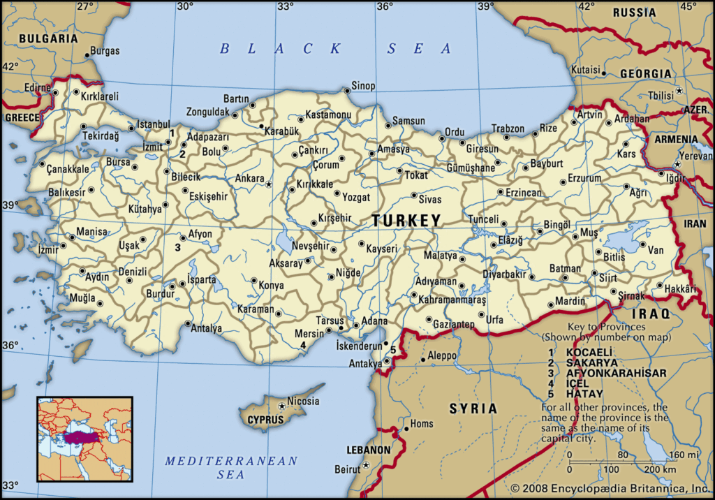 Labeled map showing Turkey and neighbors