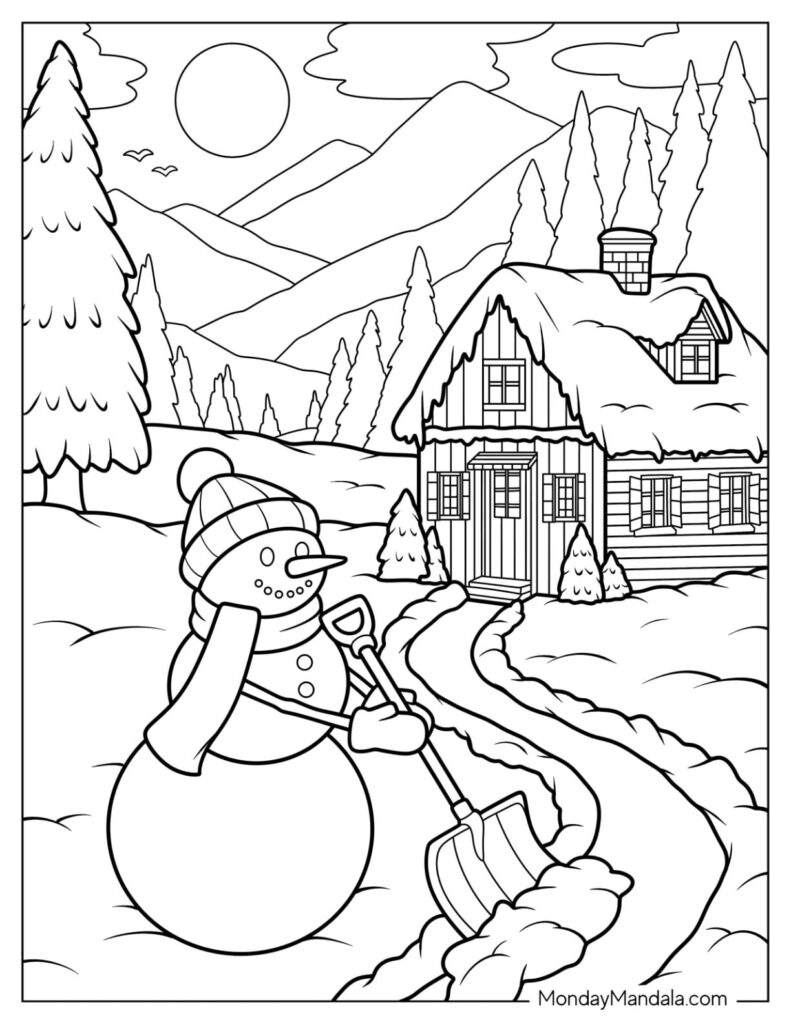 Finished snowman coloring pages displayed on wall
