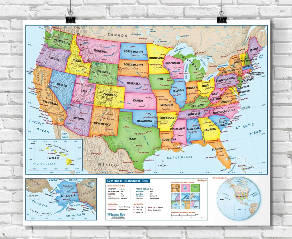 Colorful US political map with explorer markers
