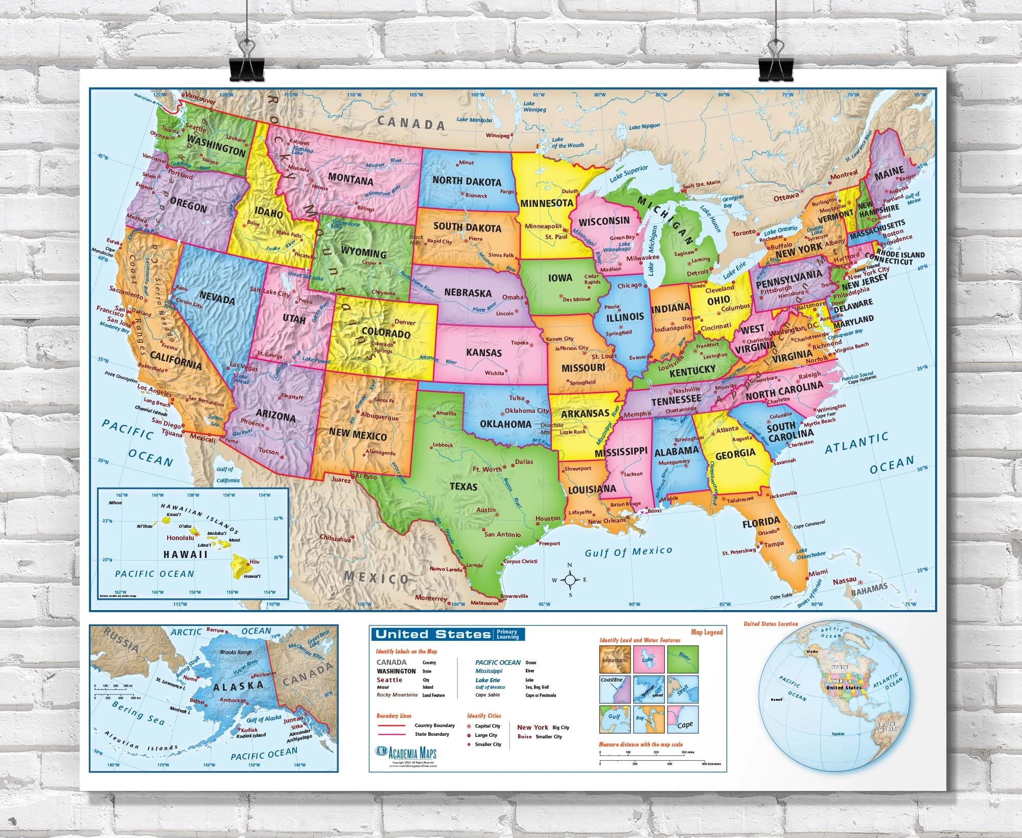 Colorful US political map with explorer markers
