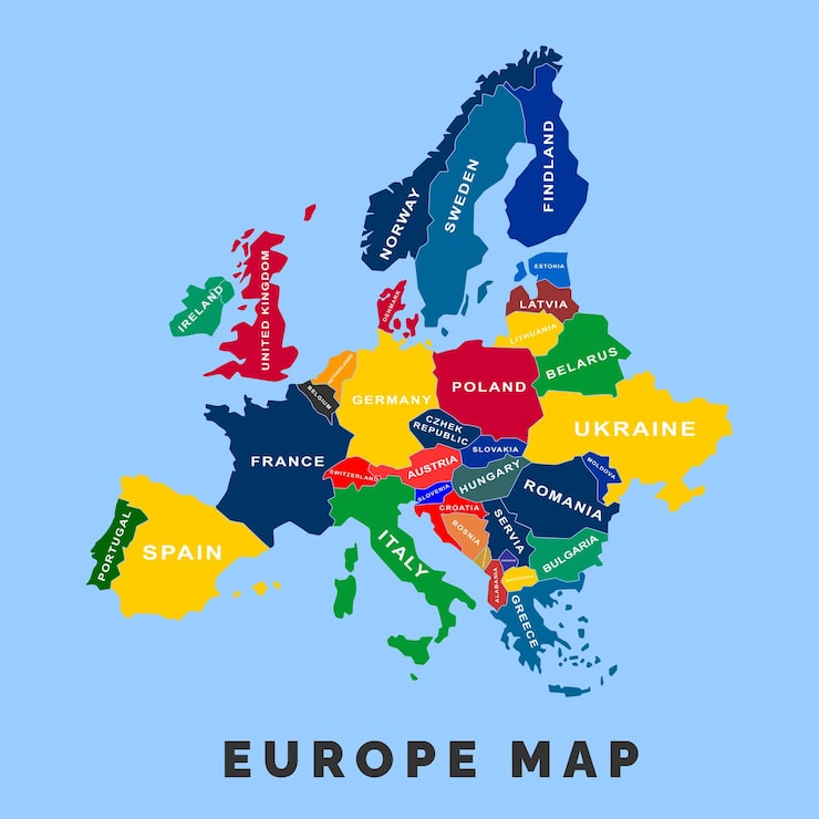 Printed Europe map showing country outlines and markers