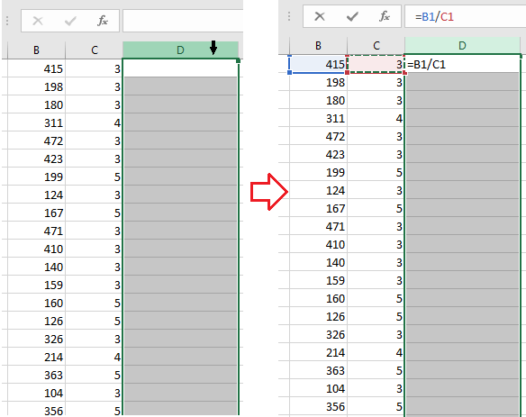 Workbook cell showing a division formula example