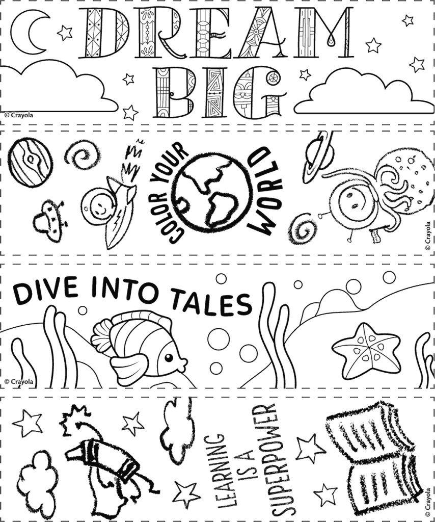 image alt text: laminated bookmarks displayed on a classroom corkboard