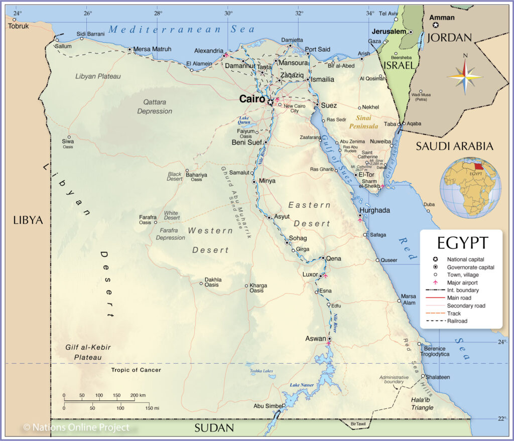 Close-up of labeled Egypt region map for classroom
