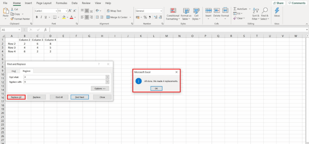 Before-and-after example of replaced text in a worksheet