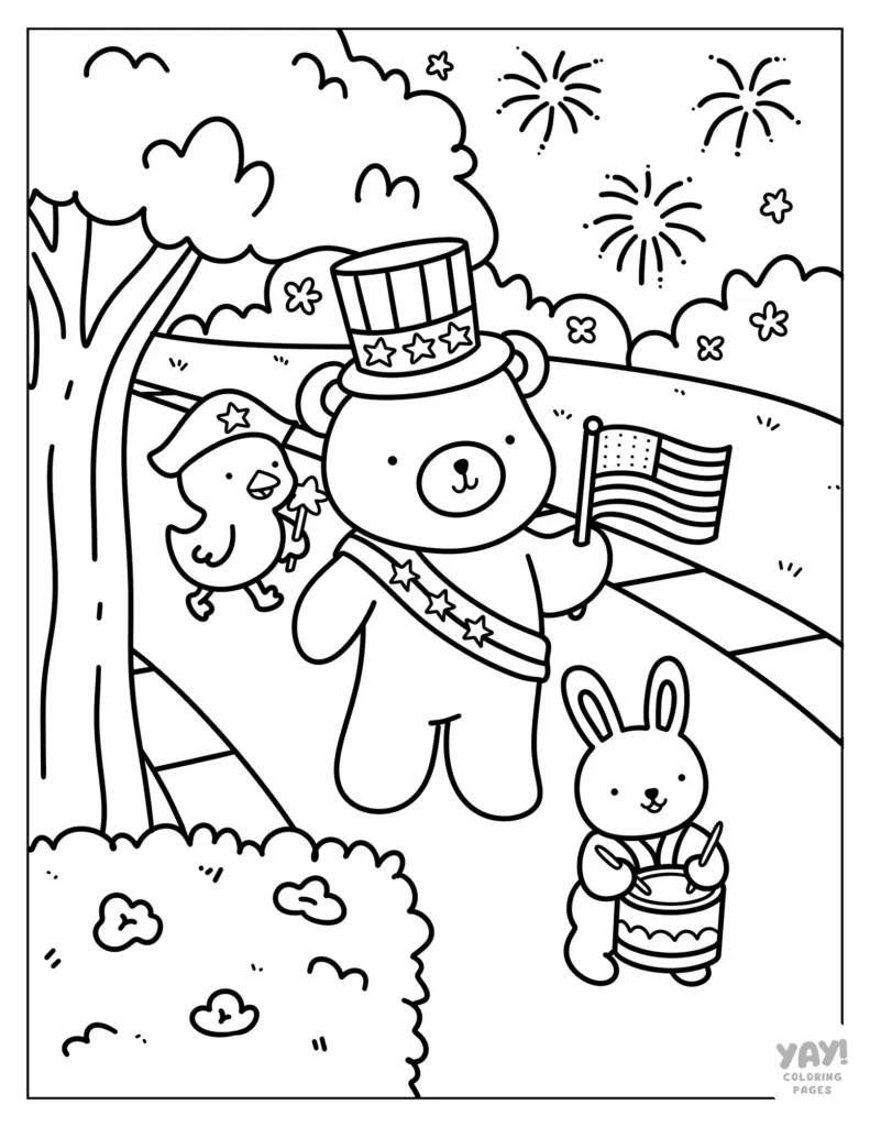 Colorful fireworks and flag-themed coloring page for kids