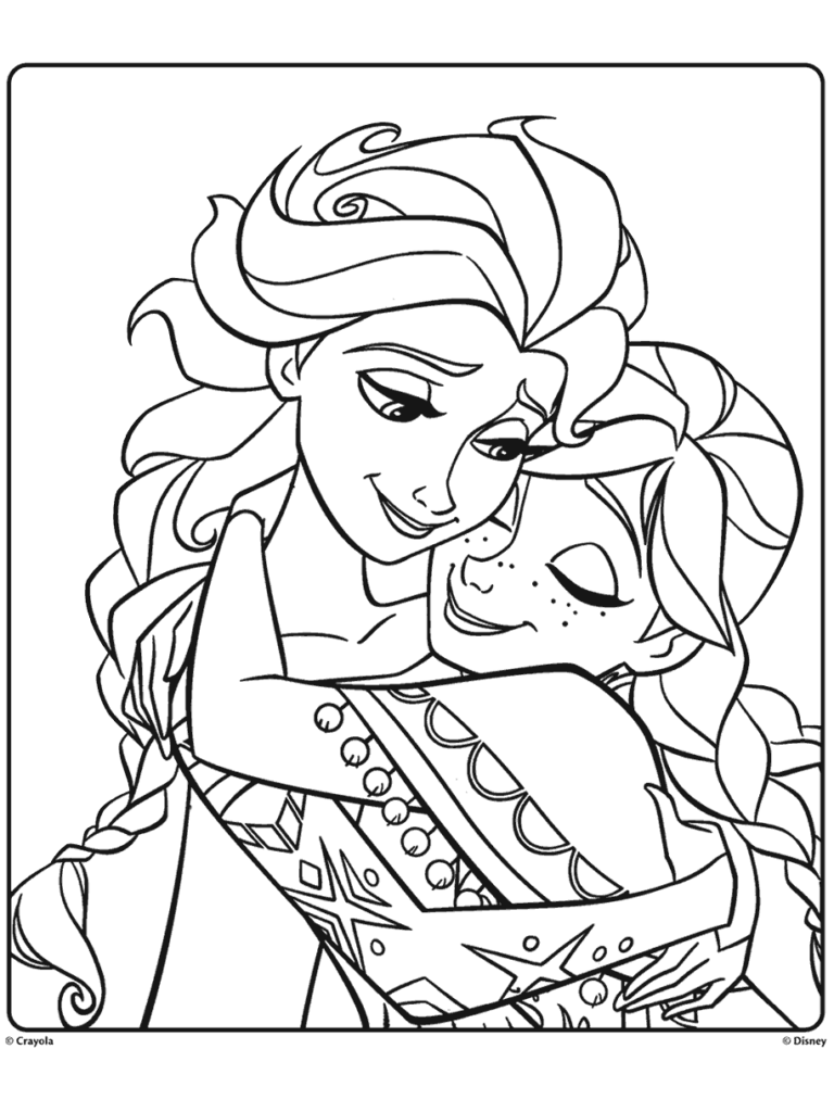 Finished Elsa Anna coloring page displayed proudly