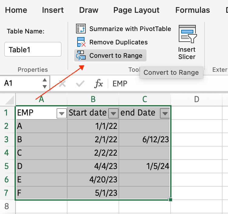 Worksheet after converting table to range