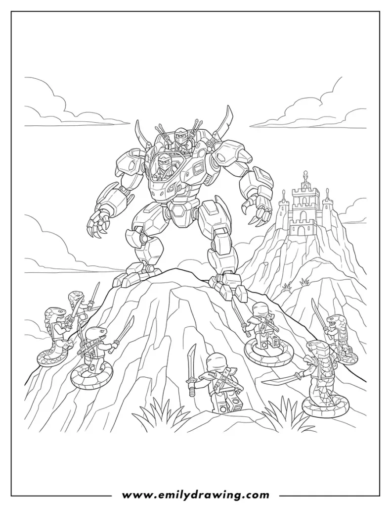 Classroom desk with printed ninjago coloring pages and crayons