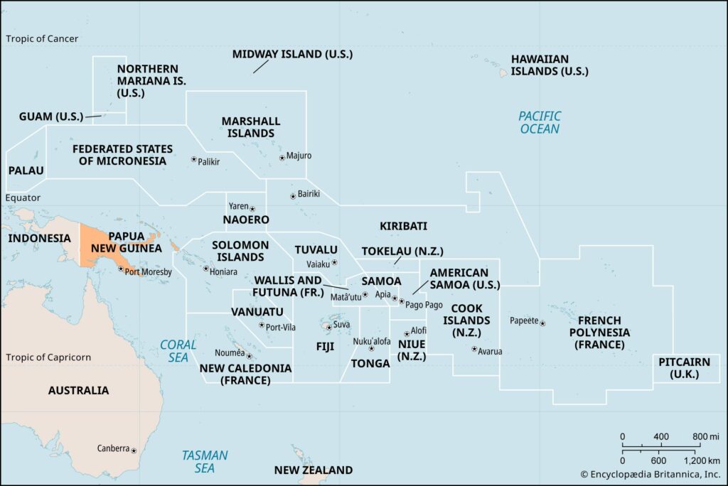 Map showing surrounding seas and neighboring islands around New Guinea