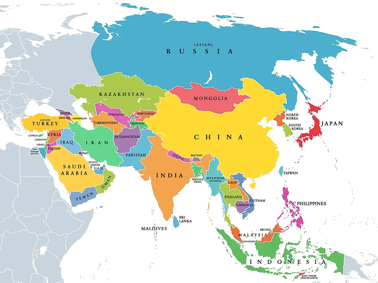 Political map of Asia showing borders